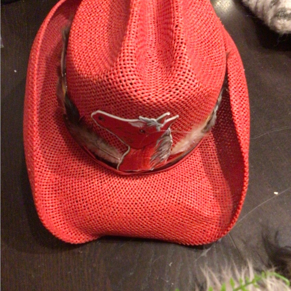 NEW! Vintage upcycled Peter Grimm Red Straw Cowboy Hat with Horse Patch - Picture 4 of 8